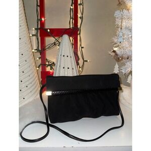 Black Clutch Evening Bag Snakeskin Trim Gold Accent Strap